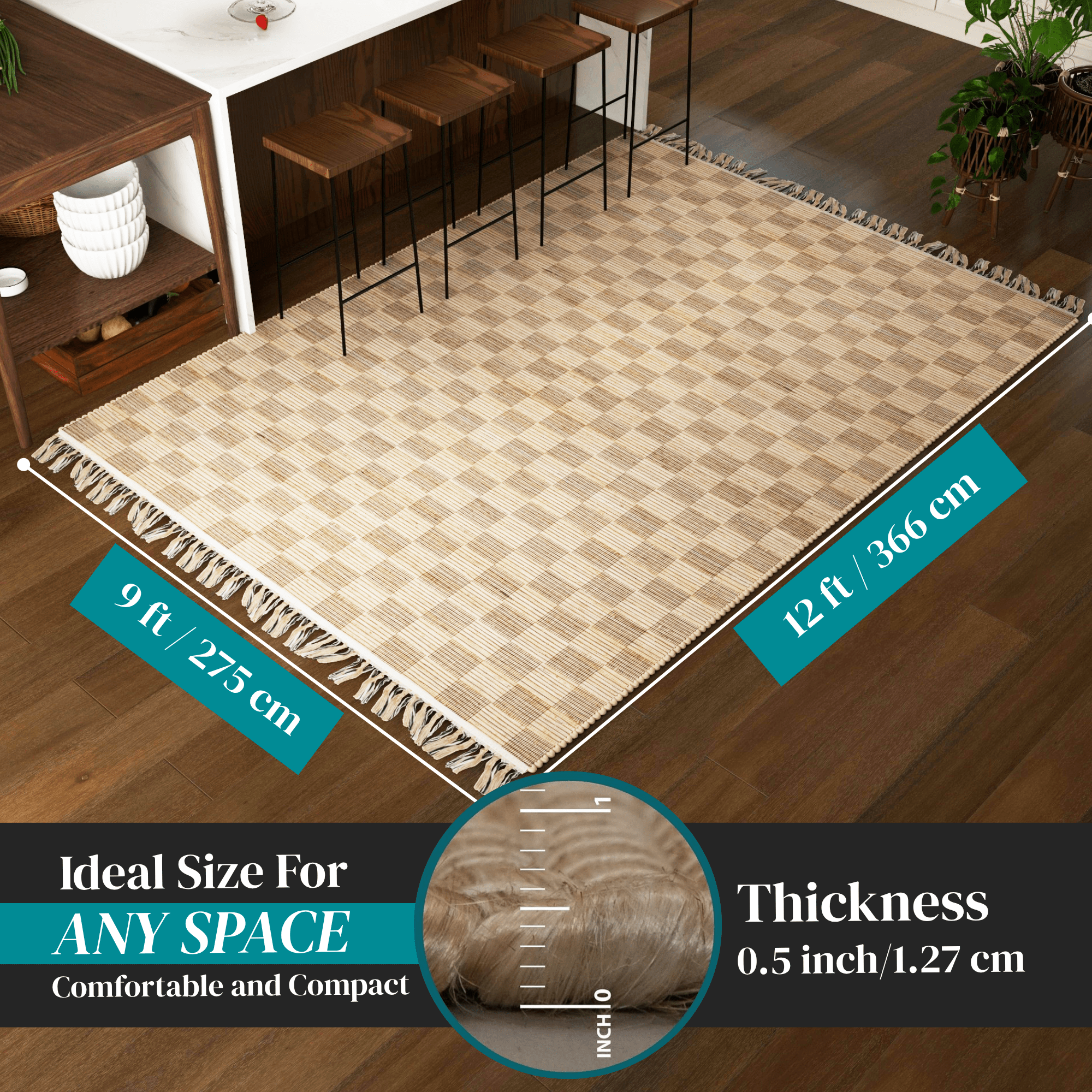 Handwoven Natural Jute Geometric Area Rug, 9'x12' – Premium 0.5-Inch Thick Carpet for Living Room, Bedroom, Dining, Kitchen, and Modern Farmhouse Décor