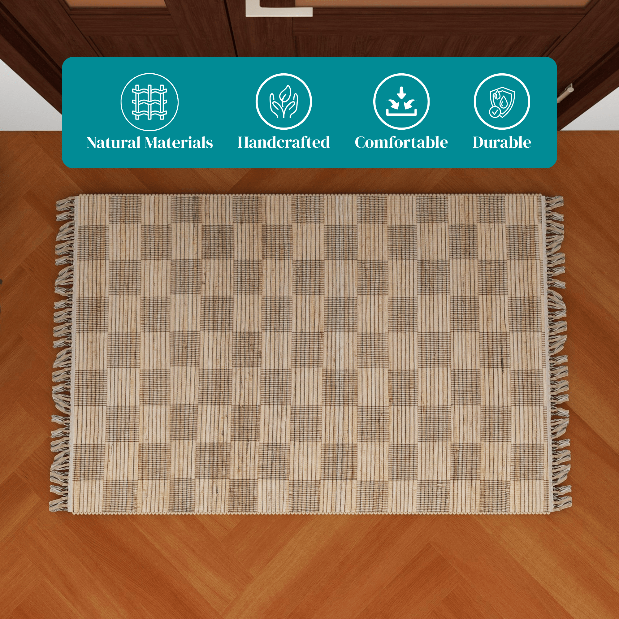 Natural Jute Geometric Area Rug, 2'x3' Handwoven Low-Pile Accent Carpet – Premium Home Décor for Entryway, Kitchen, and Bathroom