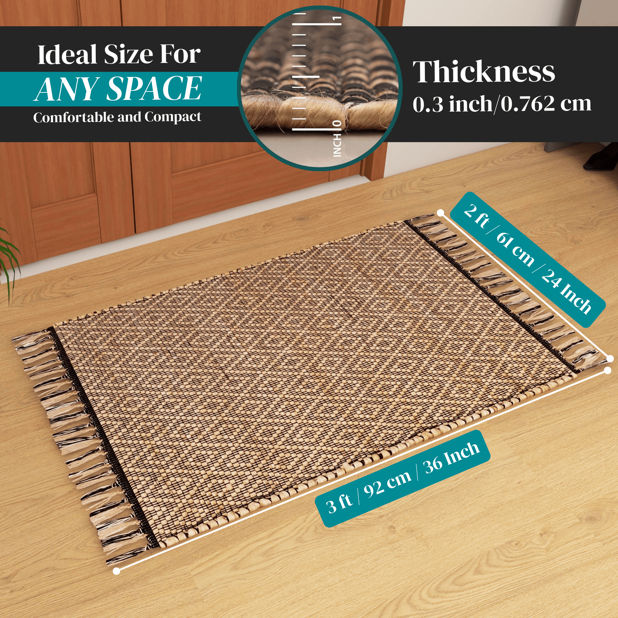 Eco Crave Jute Rug, 2'x3' – Natural Handwoven Low-Pile Area Carpet for Entryway, Kitchen, and Bathroom – Premium Modern Indoor Décor Accent