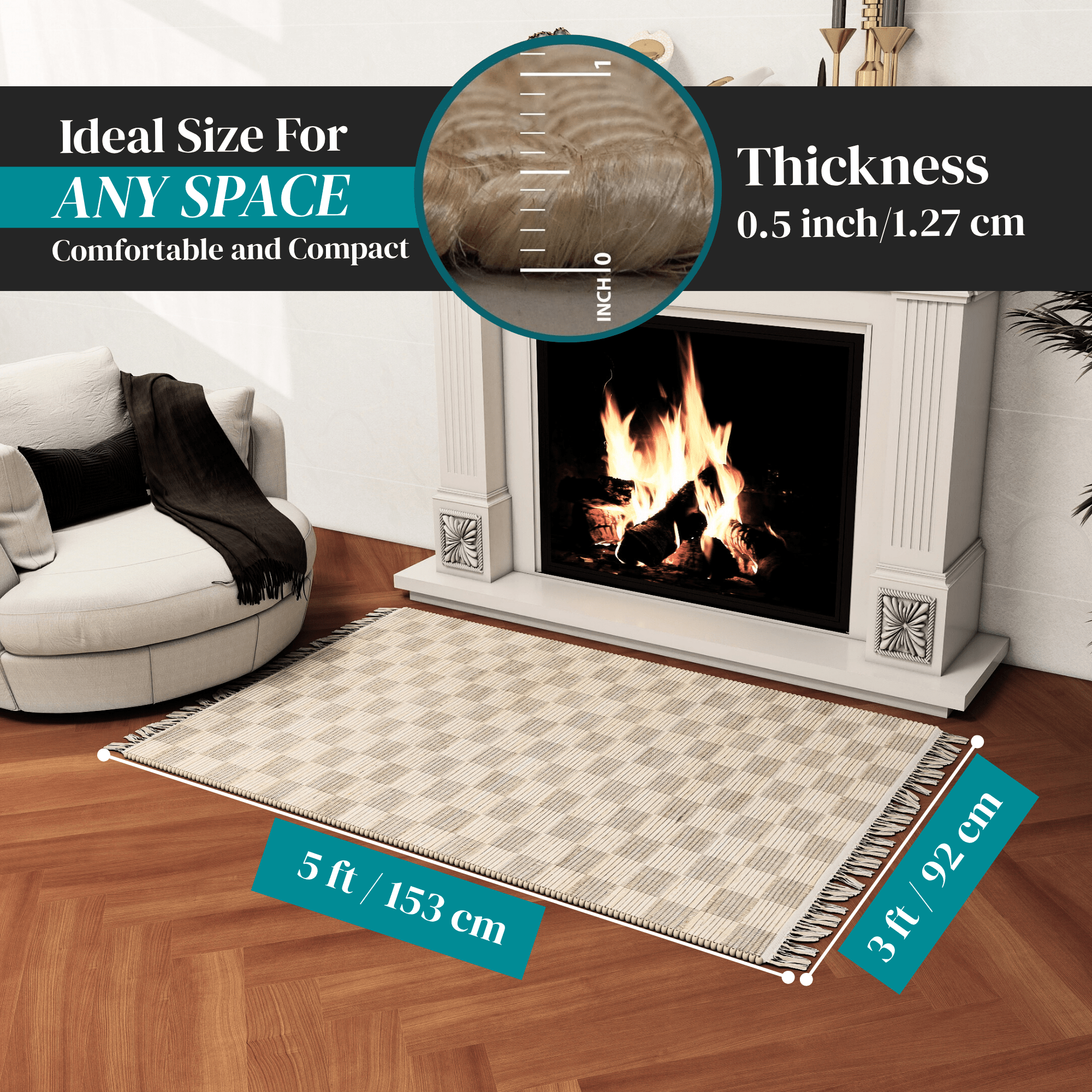 Natural 3x5 Handwoven Geometric Jute Rug – Low-Pile Tan Accent Carpet for Entryway, Kitchen, Bedroom, and Bathroom – Premium Home Décor