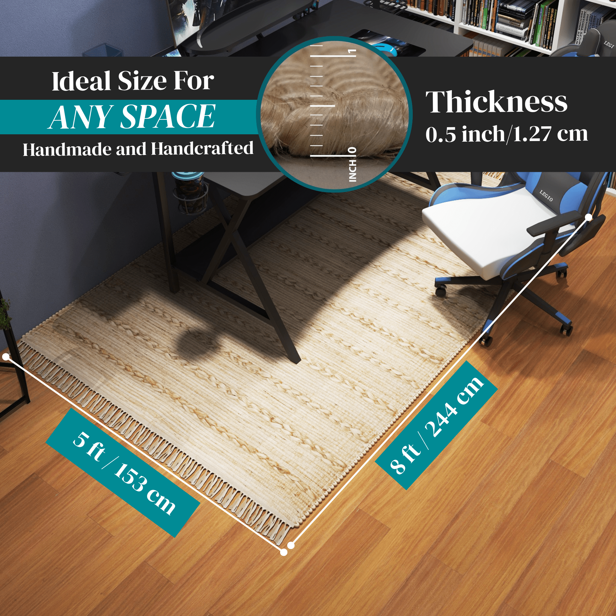 Handwoven Jute Area Rug, 5'x8' Natural Bohemian Eco-Friendly Indoor Carpet – 0.5-Inch Thick Durable Rug for Living Room, Bedroom, and Farmhouse Décor