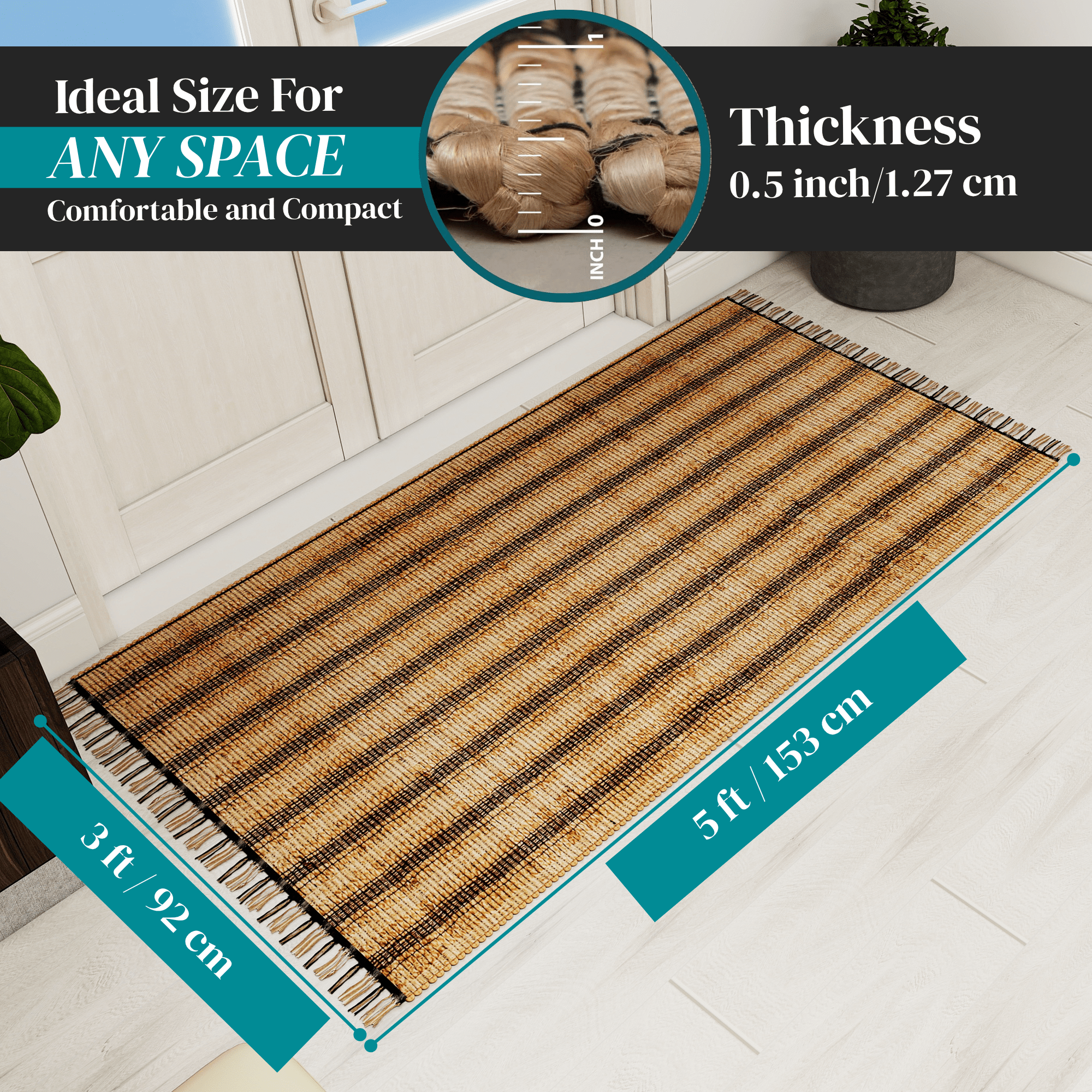 Natural Jute Area Rug, 3'x5' Handwoven Low-Pile Rustic Accent – Vintage Modern Farmhouse Style Décor for Entryway, Kitchen, Bedroom, and Bathroom