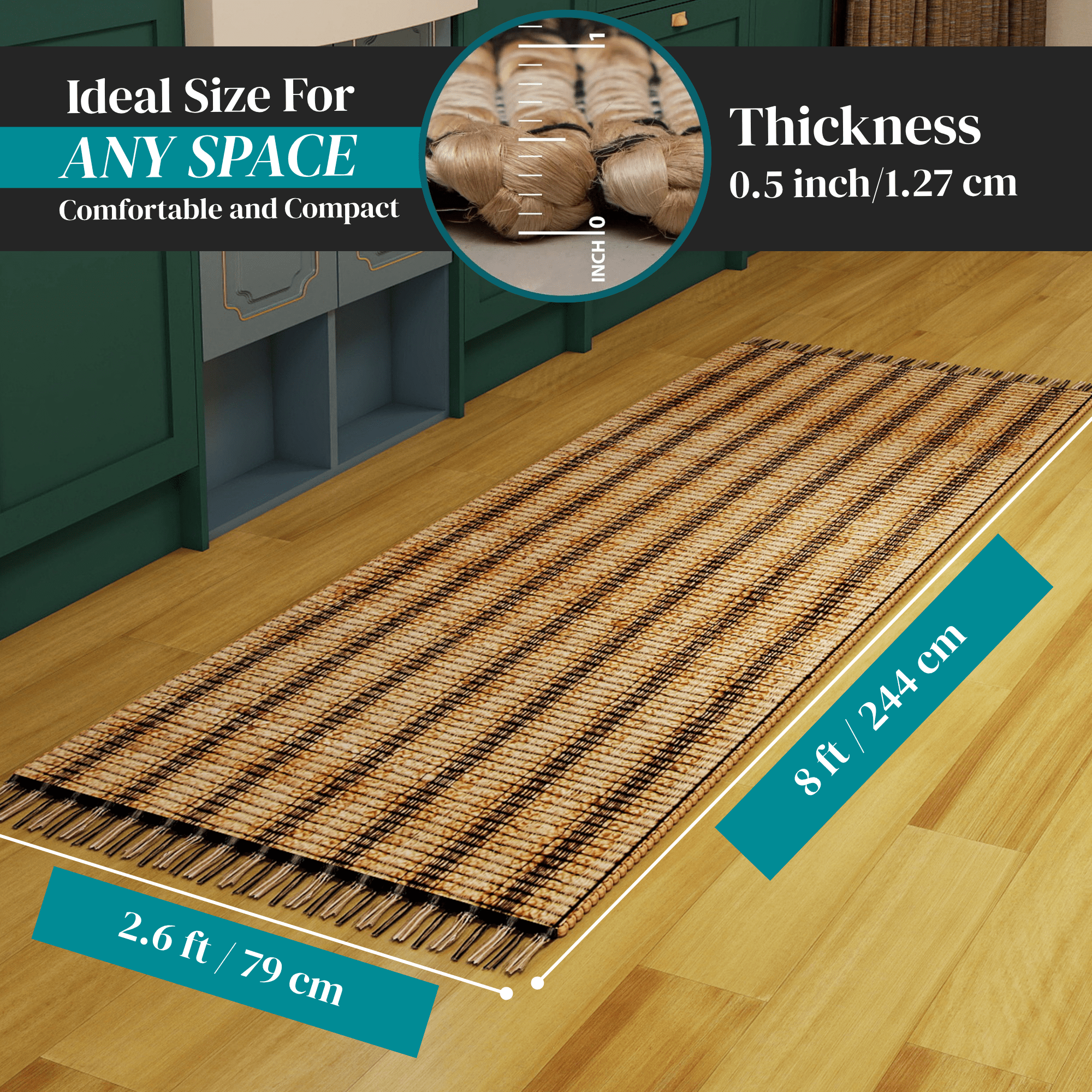 Handwoven Jute Runner, 2.6'x8' Black Braided Natural Rug – Vintage Modern Eco-Friendly Accent for Living Room, Entryway, Kitchen, and Bathroom Décor