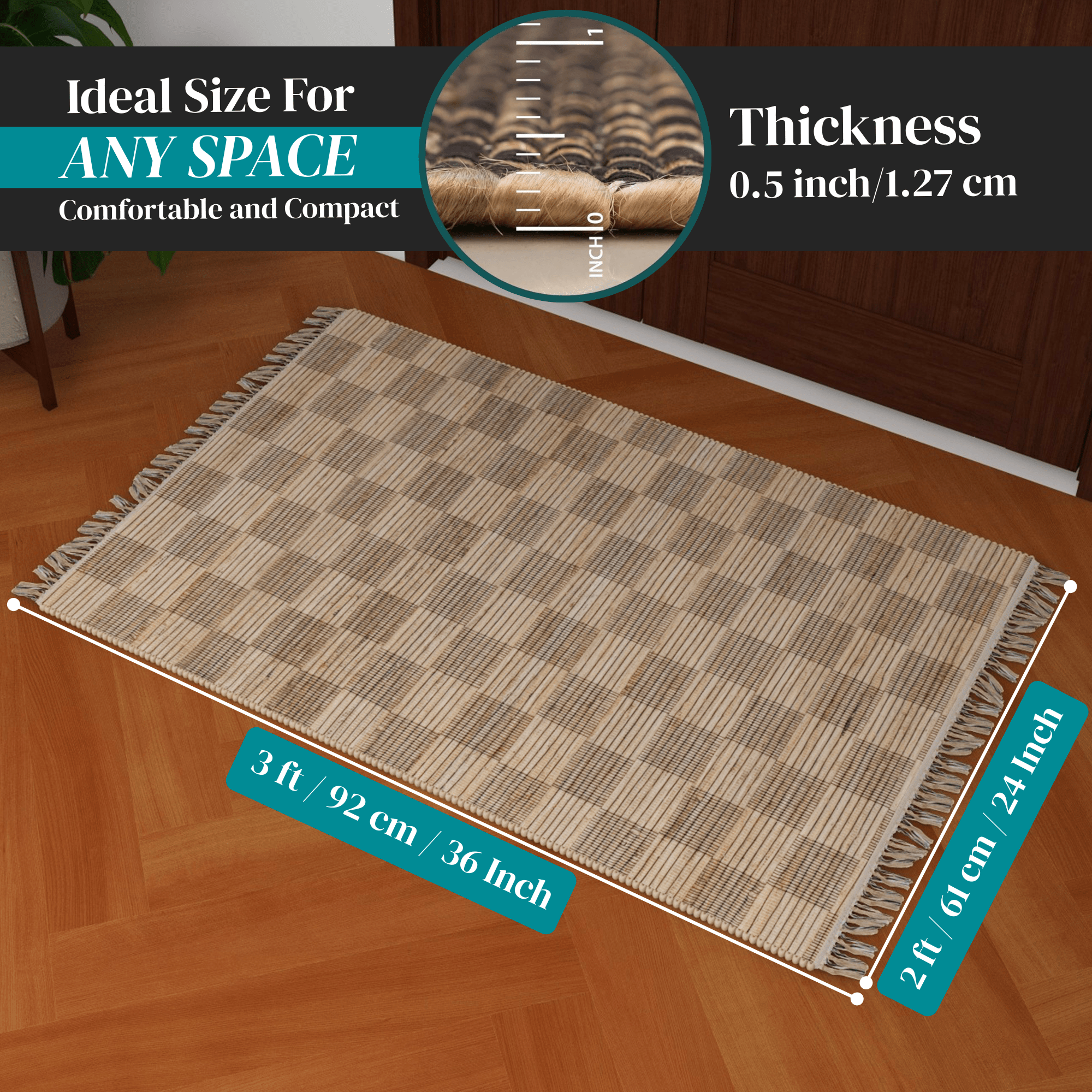 Natural Jute Geometric Area Rug, 2'x3' Handwoven Low-Pile Accent Carpet – Premium Home Décor for Entryway, Kitchen, and Bathroom