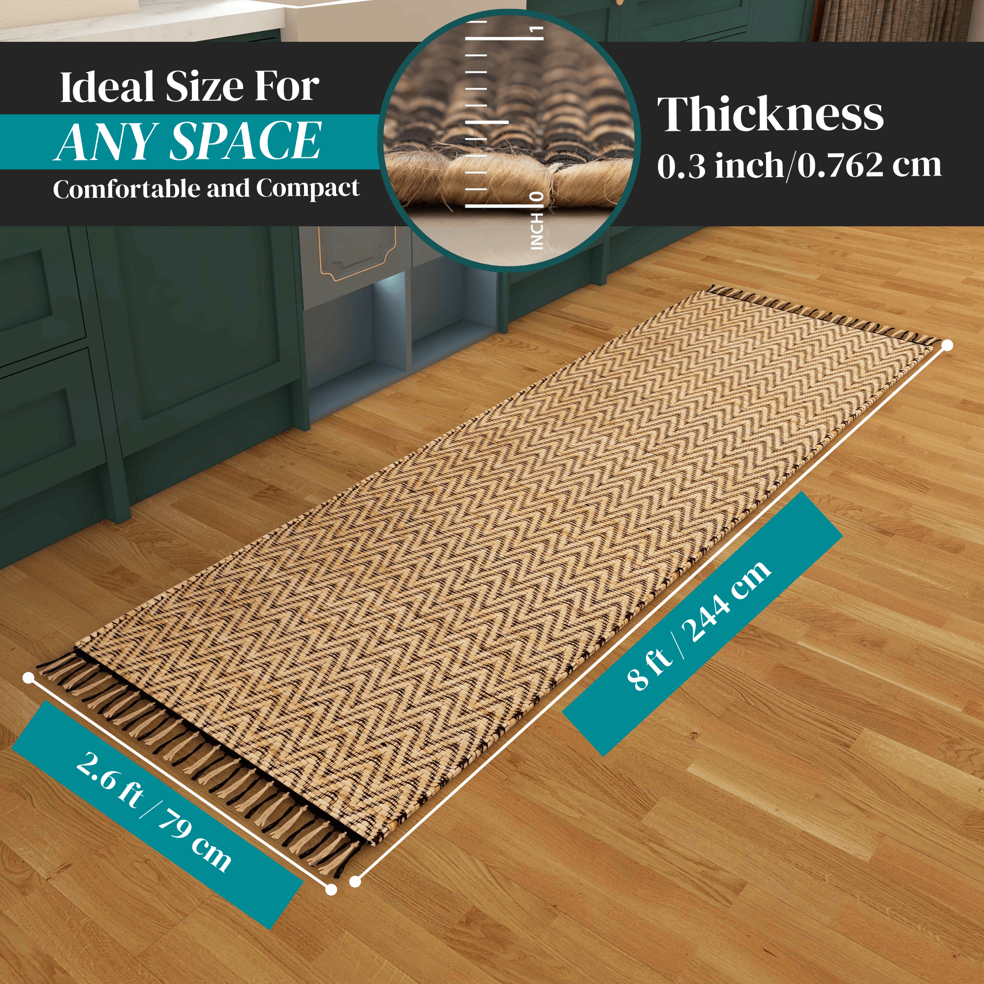 Handwoven Jute Runner, 2.6'x8' Black Wavy Natural Rug – Vintage Modern Eco-Friendly Accent for Living Room, Entryway, Kitchen, and Bathroom Décor