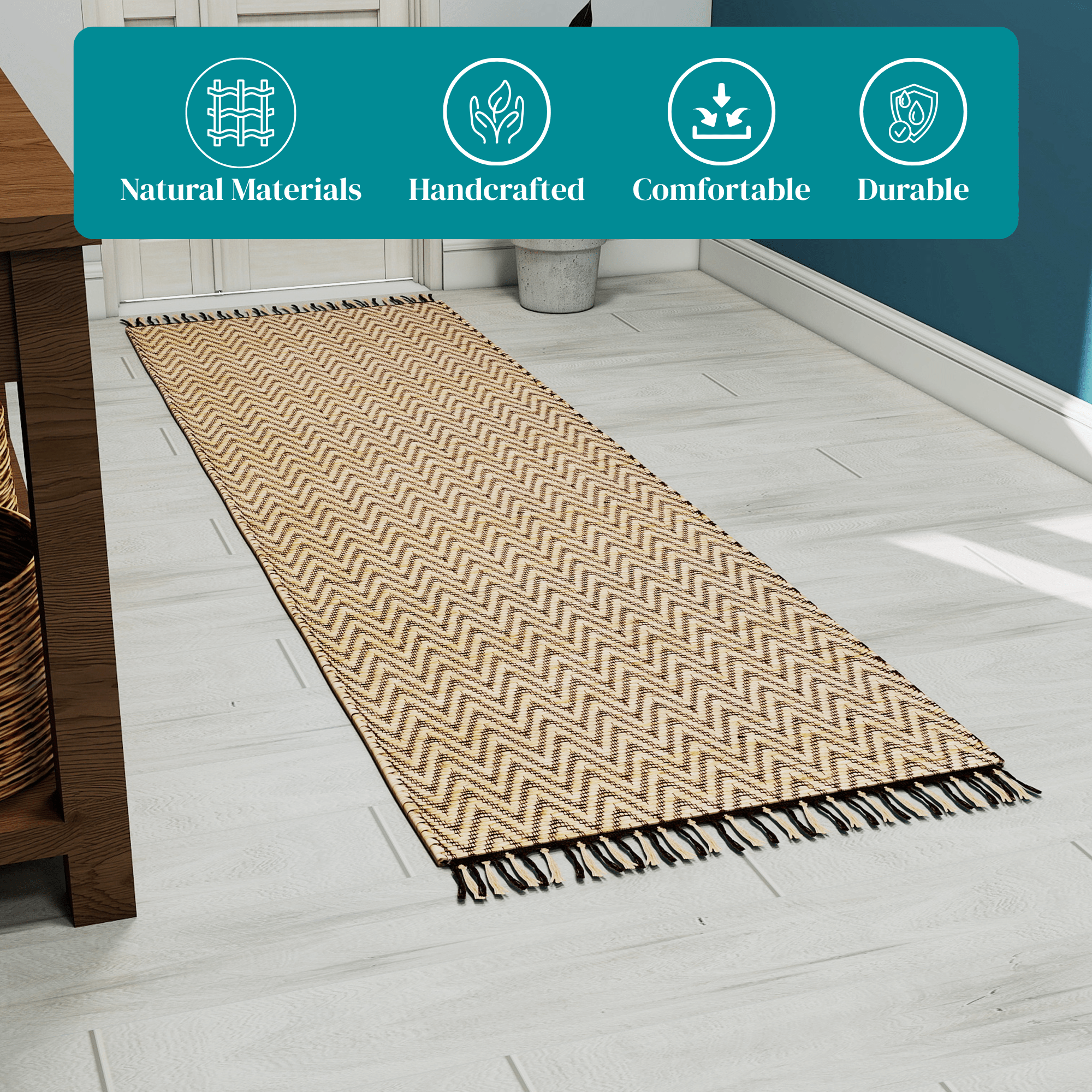 Handwoven Jute Runner, 2.6'x8' Black Wavy Natural Rug – Vintage Modern Eco-Friendly Accent for Living Room, Entryway, Kitchen, and Bathroom Décor