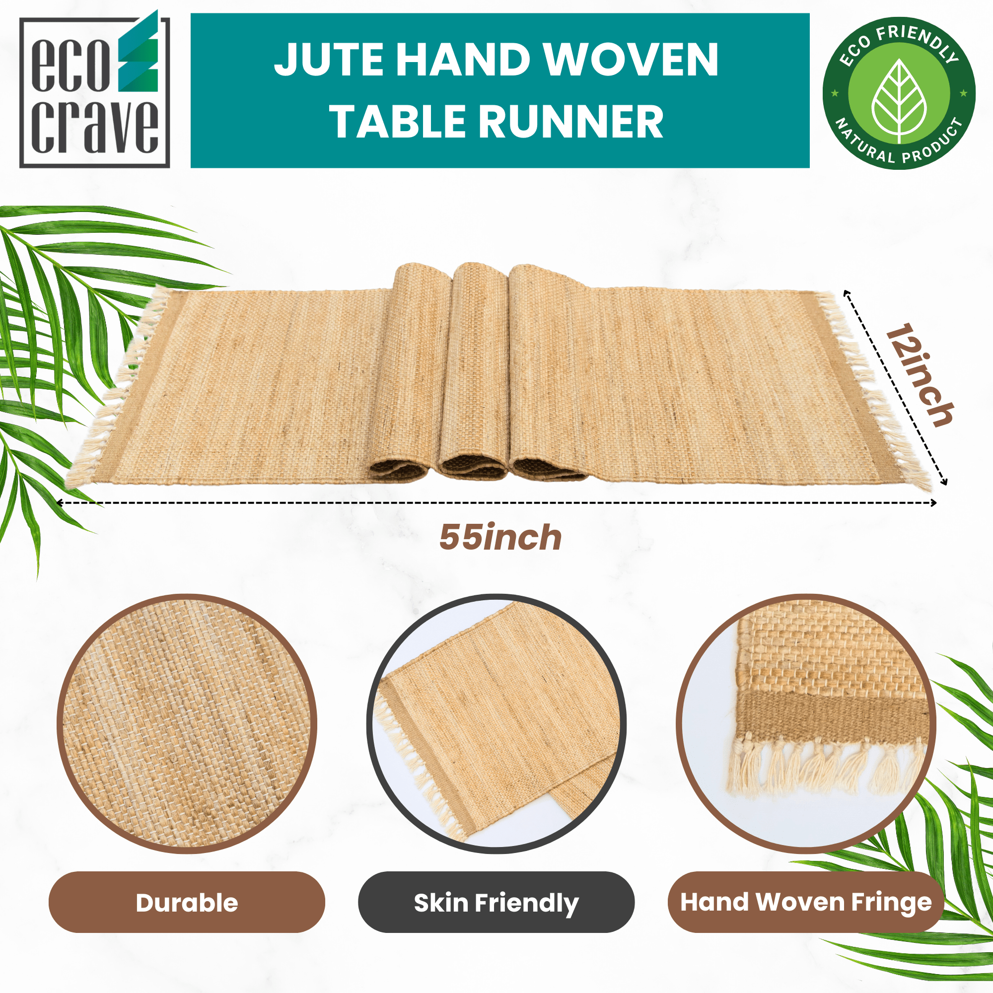 Eco Crave Natural Jute Table Runner 12x55 Inch – Hand Woven Rustic Farmhouse Dining Table Decor, 0.25 Inch Thick Eco Friendly Boho Burlap Style Runner for Kitchen Wedding Party Holiday Use