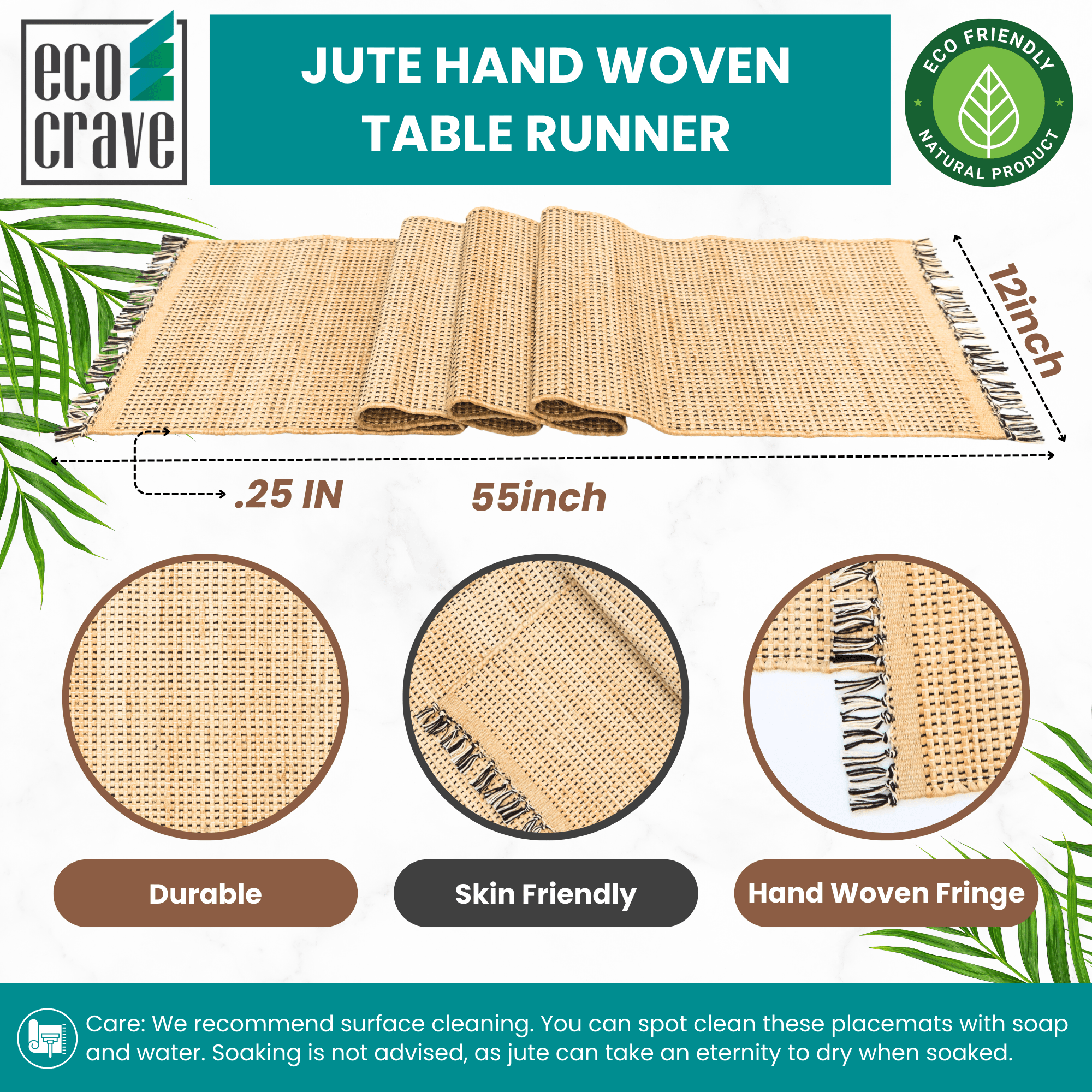 Eco Crave Natural Jute Table Runner 12x55 Inch – Hand Woven Rustic Farmhouse Dining Table Decor, 0.25 Inch Thick Eco Friendly Boho Burlap Style Runner for Kitchen Wedding Party Holiday Use