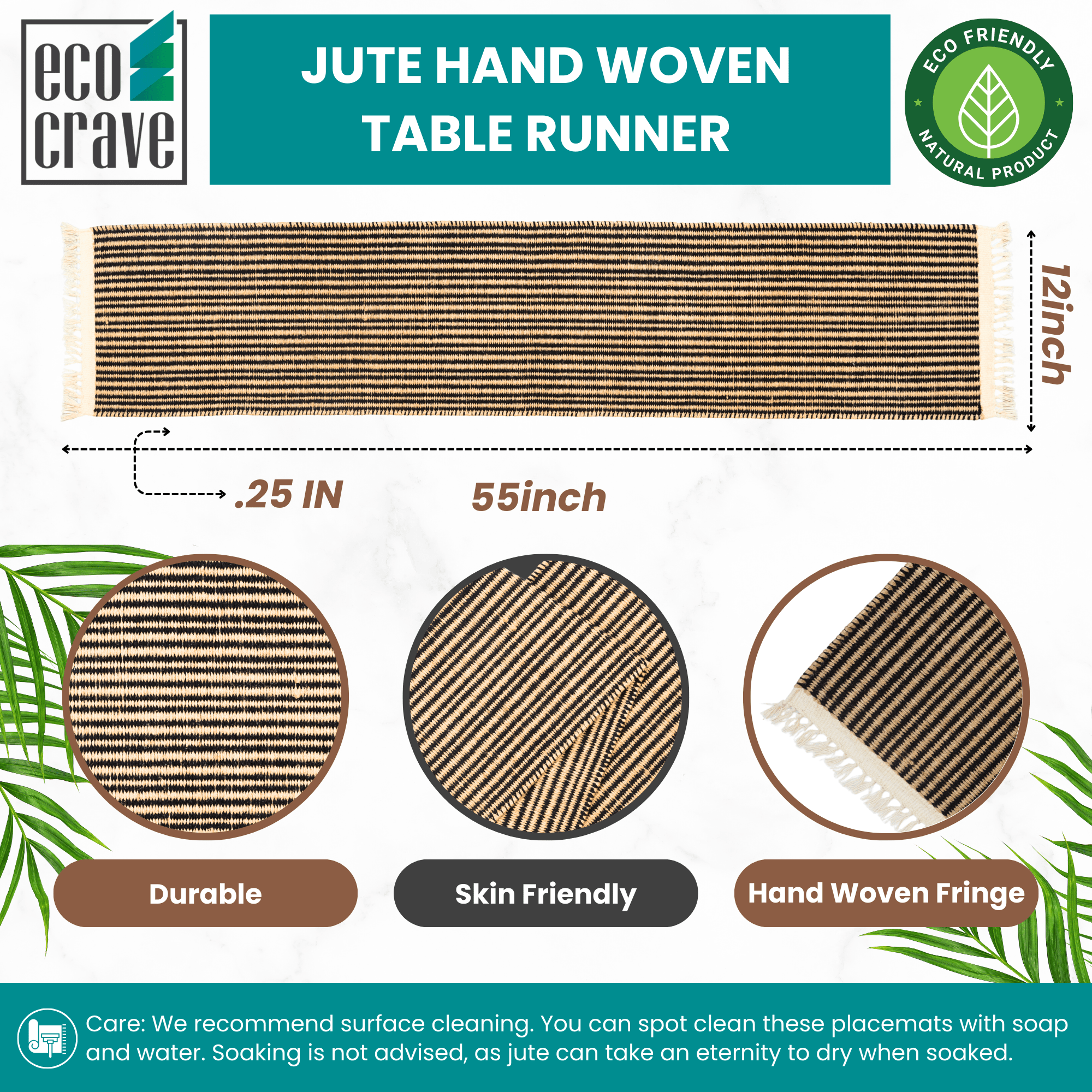 Eco Crave Natural Jute Table Runner 12x55 Inch – Hand Woven Rustic Farmhouse Dining Table Decor, 0.25 Inch Thick Eco Friendly Boho Burlap Style Runner for Kitchen Wedding Party Holiday Use