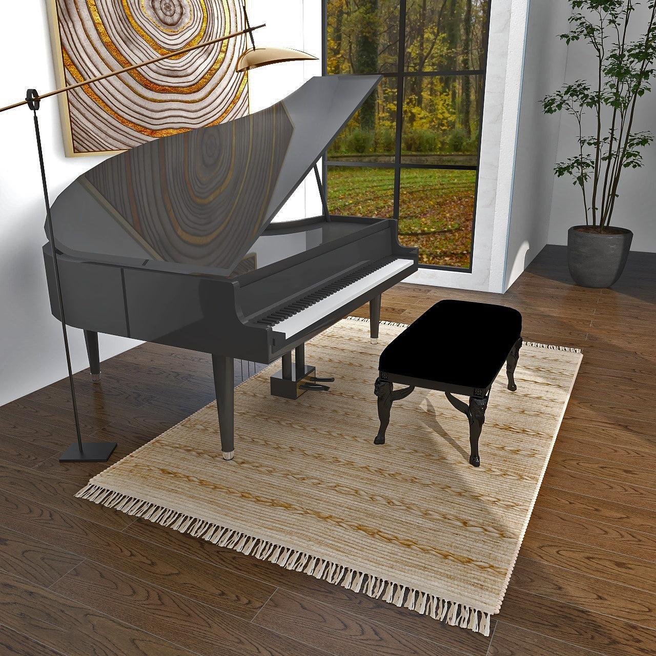 Area rug under a piano table